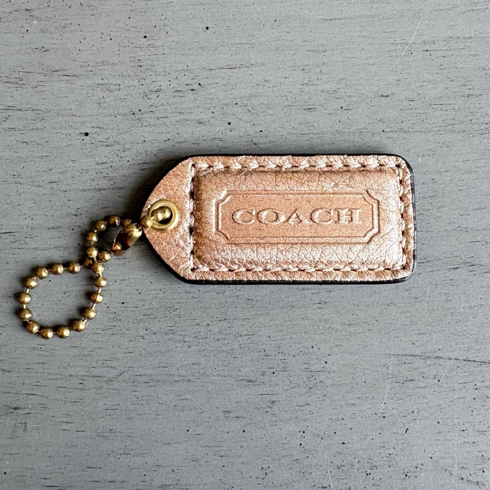 Coach Metallic Gold Leather Keychain Key Fob Bag Purse Charm Hangtag Tag 2 Inch